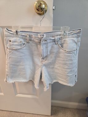 kensie Light Blue and White Striped Frayed Hem Shorts